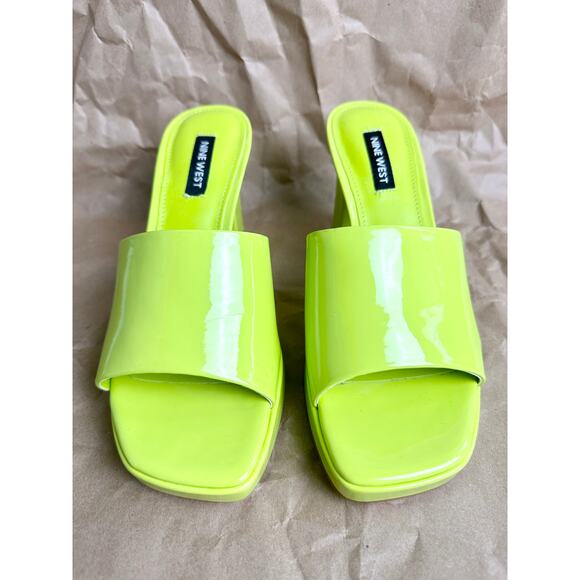Nine West Behot Heeled Lime Neon Green Slide Sandals Patent Mules Size 7 - Picture 3 of 10